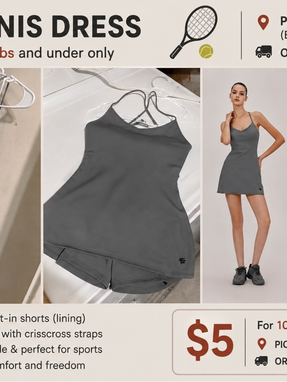 Gray Crisscross Strap Tennis Dress with Built-In Shorts